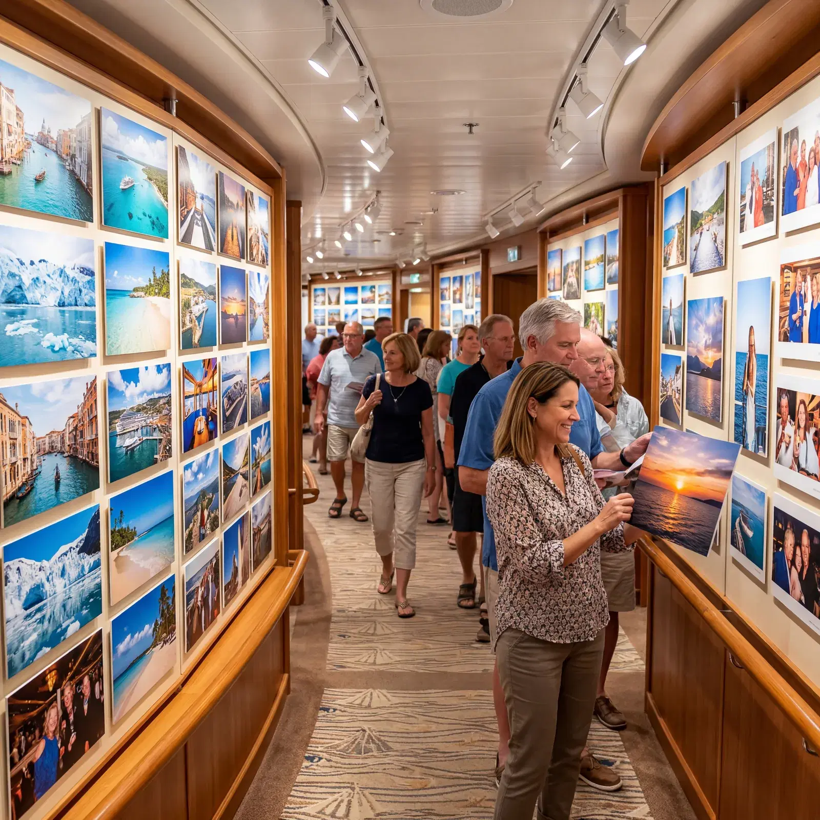 Cruise ship photo gallery with large printed photos on display and passengers browsing them, bright studio lighting, travel photography, photorealistic, no text, no watermark, 16:9