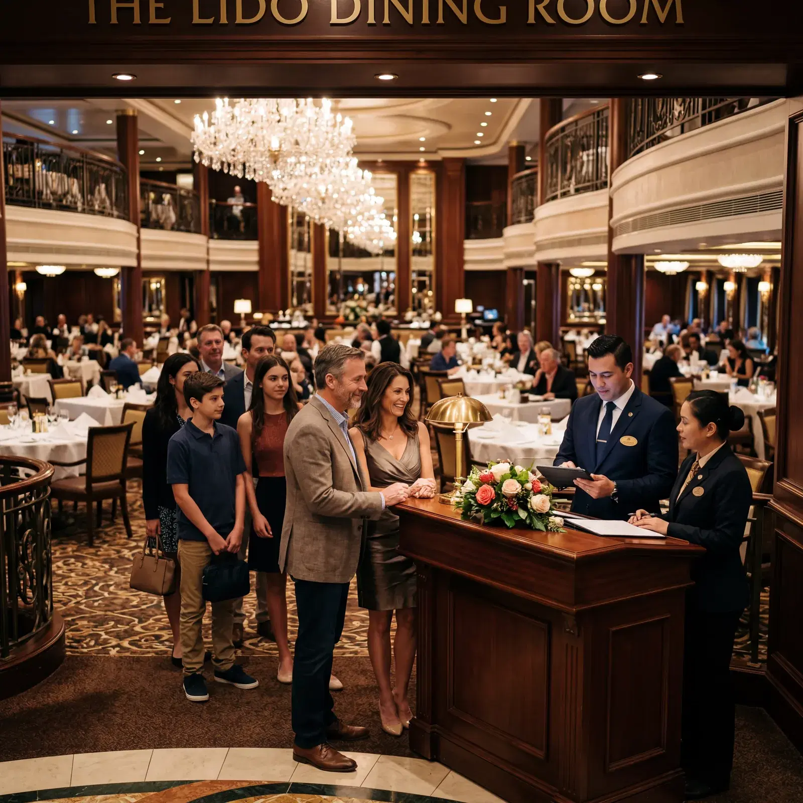 Cruise ship main dining room host stand with passengers waiting to be seated, elegant interior, warm lighting, travel photography, photorealistic, no text, no watermark, 16:9