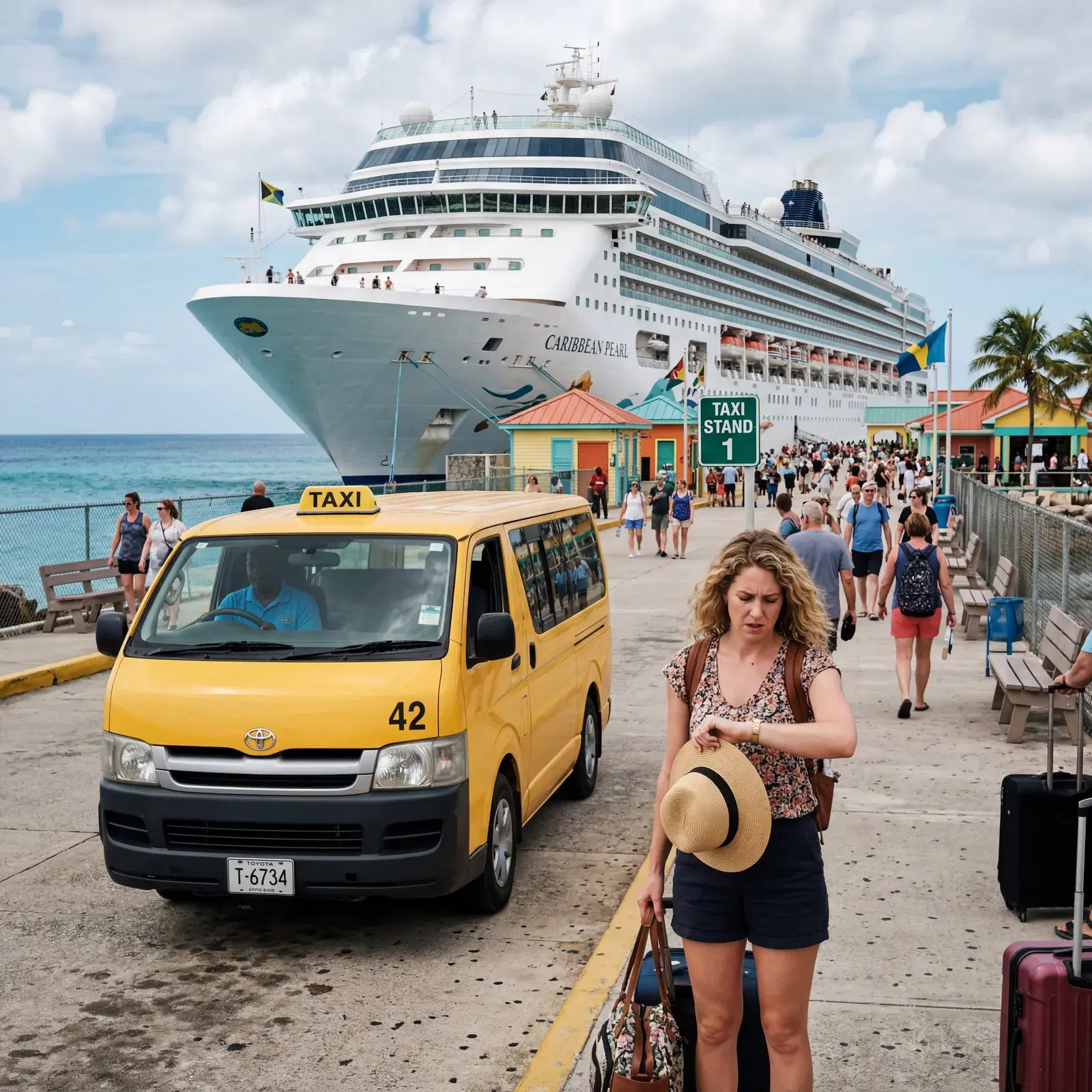 Realistic editorial photo of cruise passengers checking a watch near a sunny port taxi stand with ship in background, do