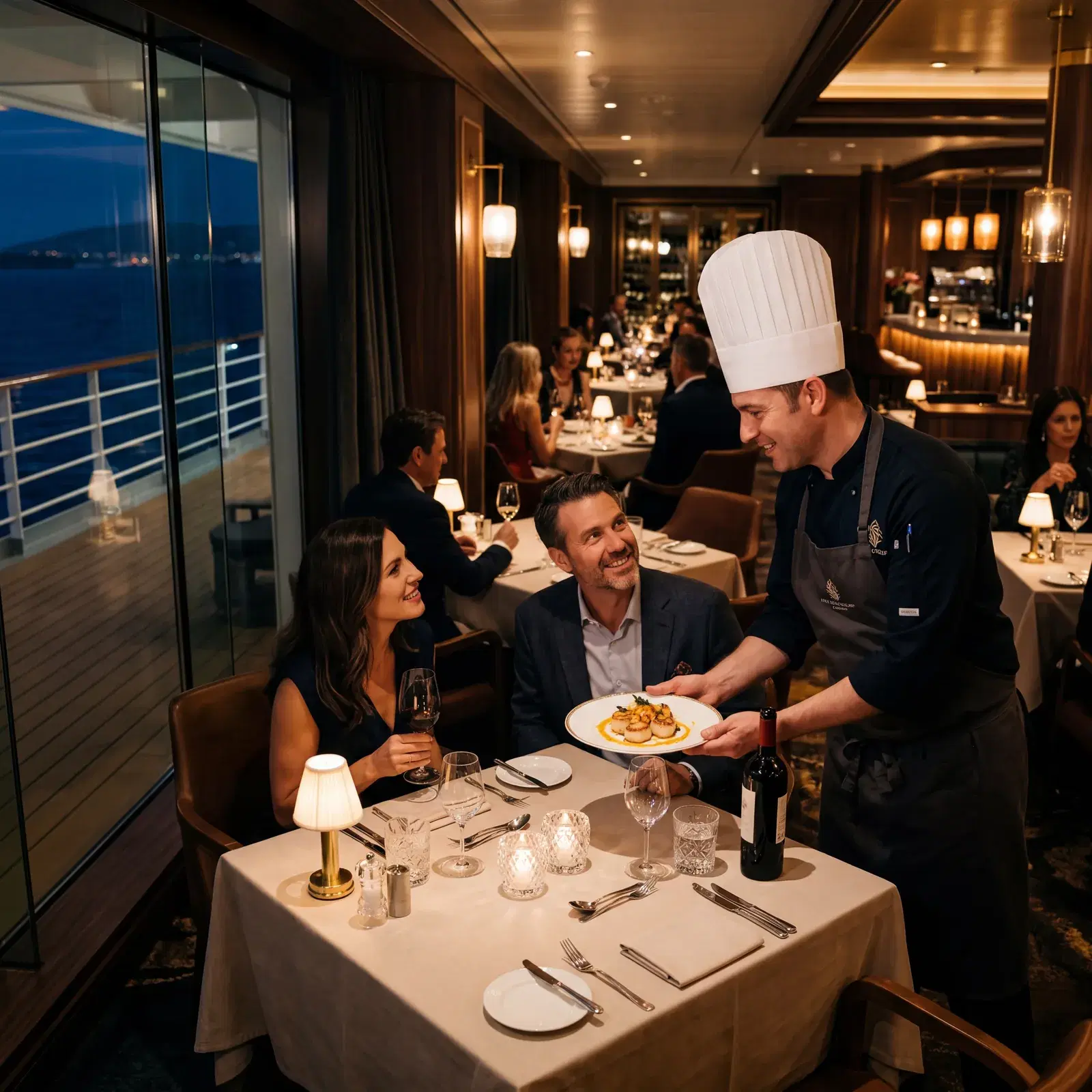 Specialty cruise ship restaurant with intimate lighting, small tables, chef presenting a dish, fine dining atmosphere, travel photography, photorealistic, no text, no watermark, 16:9