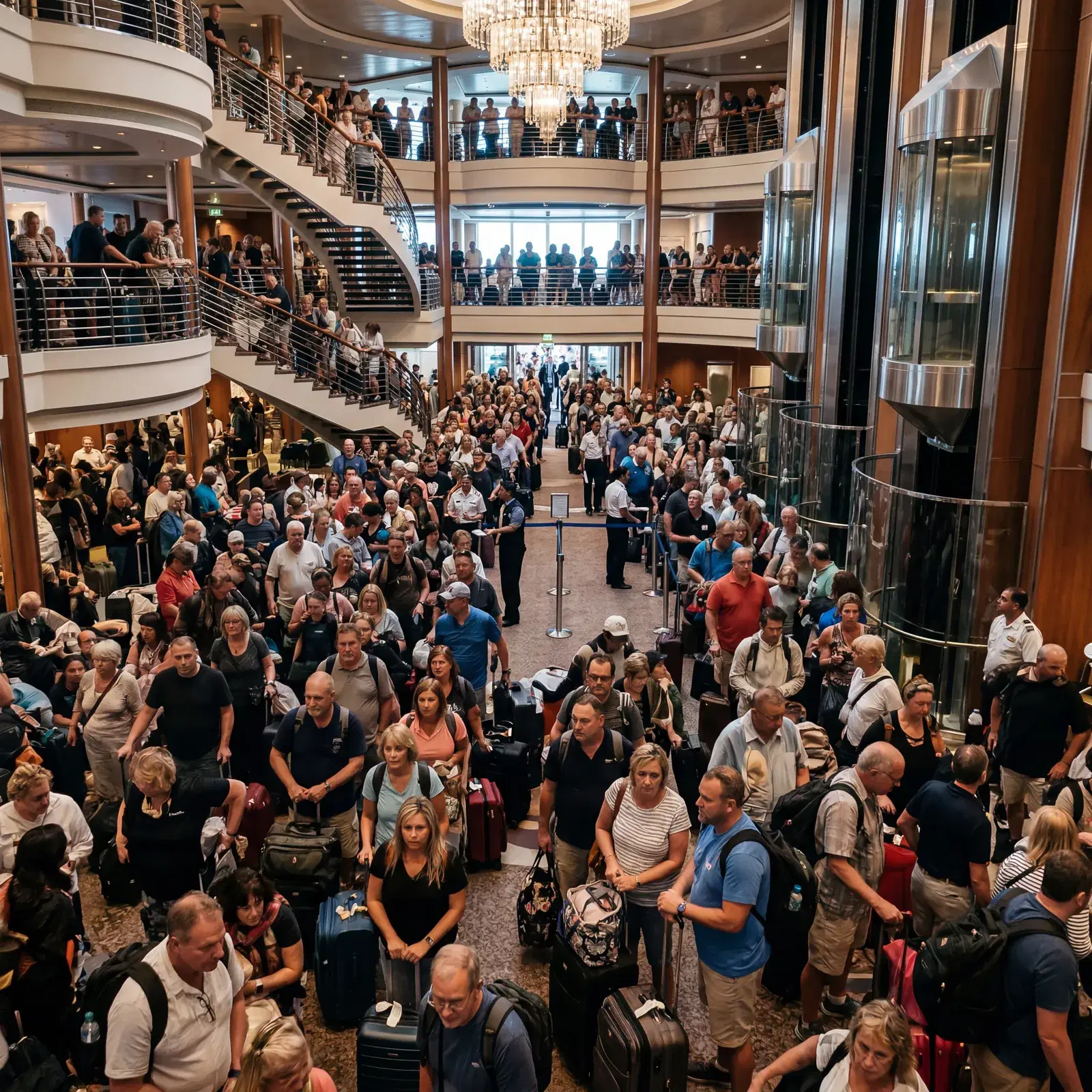 Chaotic cruise ship disembarkation with crowds in the atrium waiting with luggage, stressed passengers, wide angle, travel photography, photorealistic, no text, no watermark, 16:9