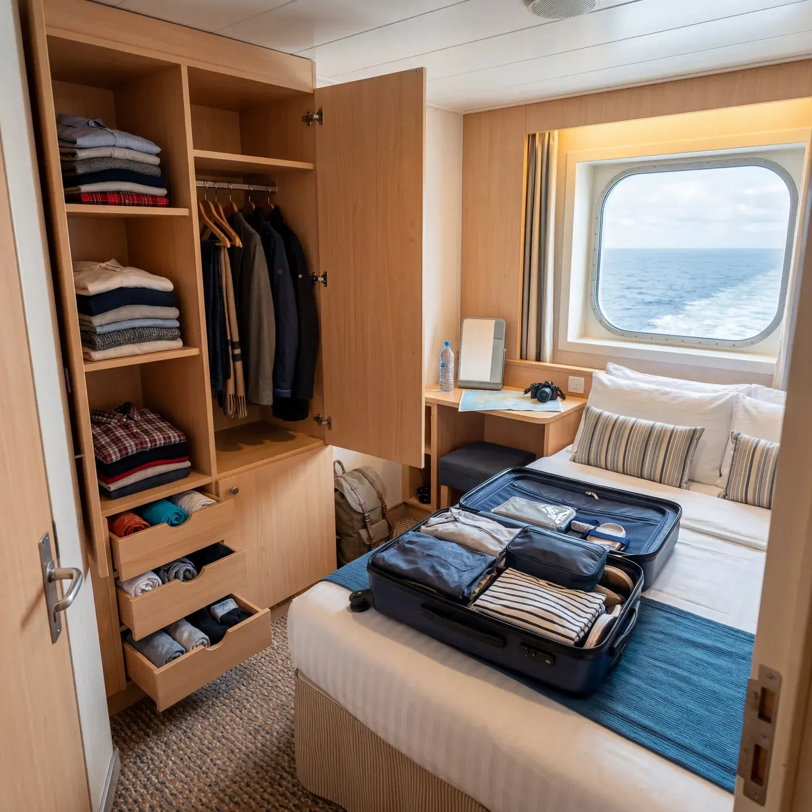 Cruise ship cabin with clothes organized into small drawers and wardrobes, open suitcase on the bed, tidy and compact space, travel photography, photorealistic, no text, no watermark, 16:9