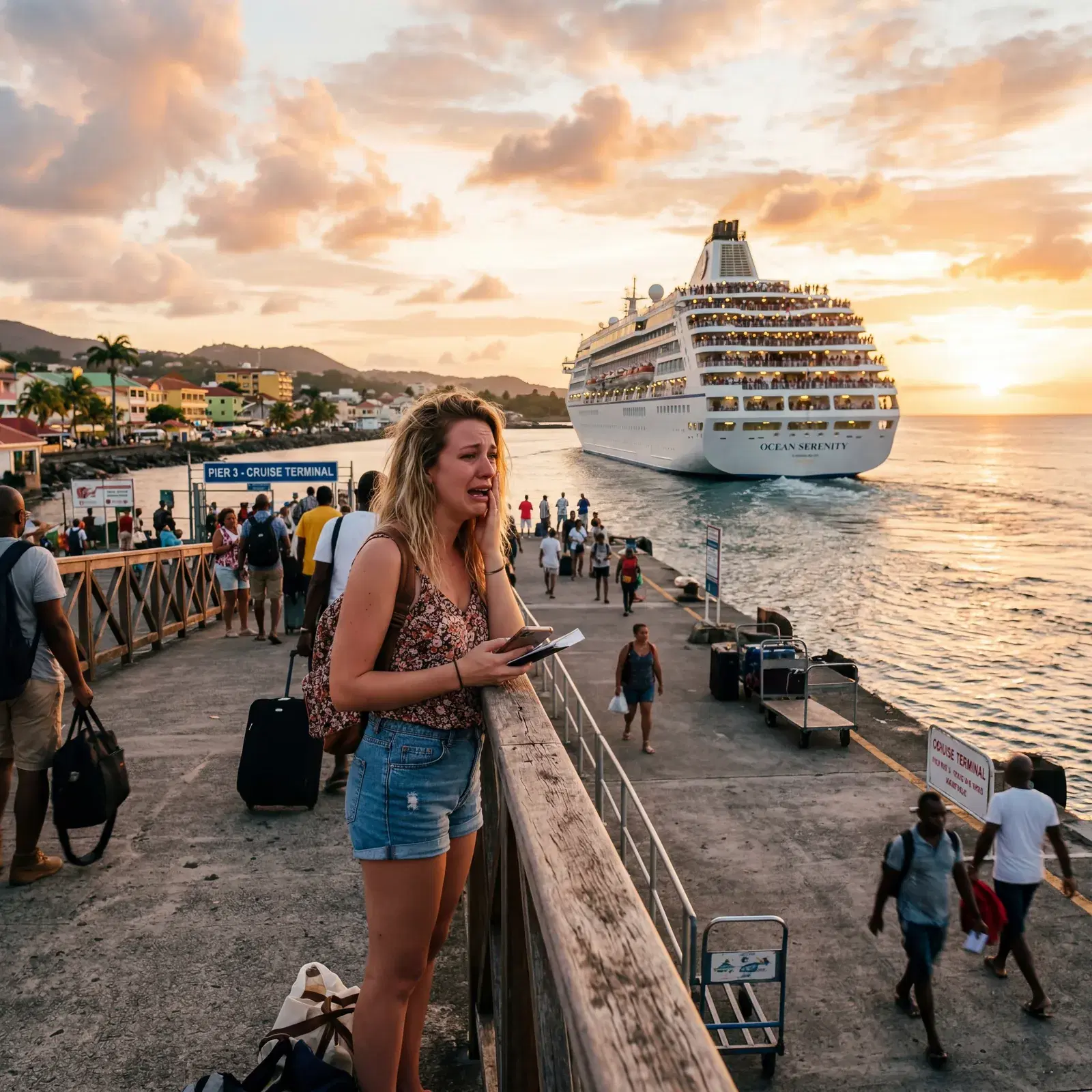 Cruise ship slowly sailing away from port with a distressed tourist watching from the pier, dramatic golden hour, Caribbean setting, photorealistic, editorial travel photography, no text, no watermark, 16:9