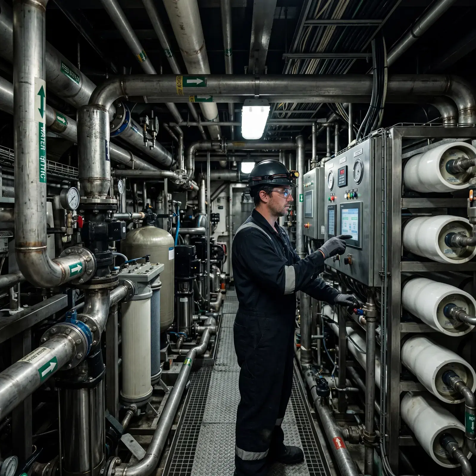 Cruise ship reverse osmosis water desalination plant deep below decks, industrial pipes and filtration systems, crew engineer monitoring systems, photorealistic, cinematic, no text, no watermark, 16:9