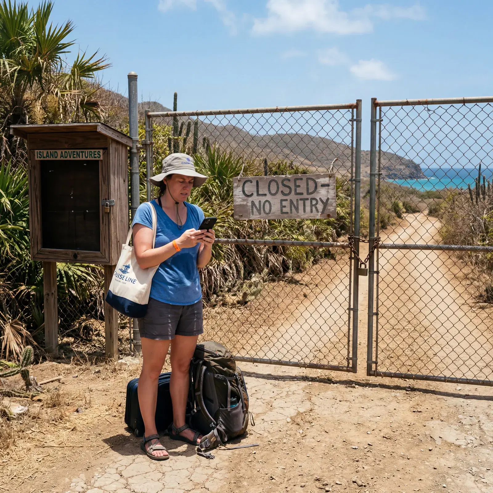 Cruise tourist stranded alone at a remote site in a hot Caribbean island with a closed tour operator gate, no transportation, phone with no signal, dramatic heat, photorealistic, editorial travel photography, no text, no watermark, 16:9