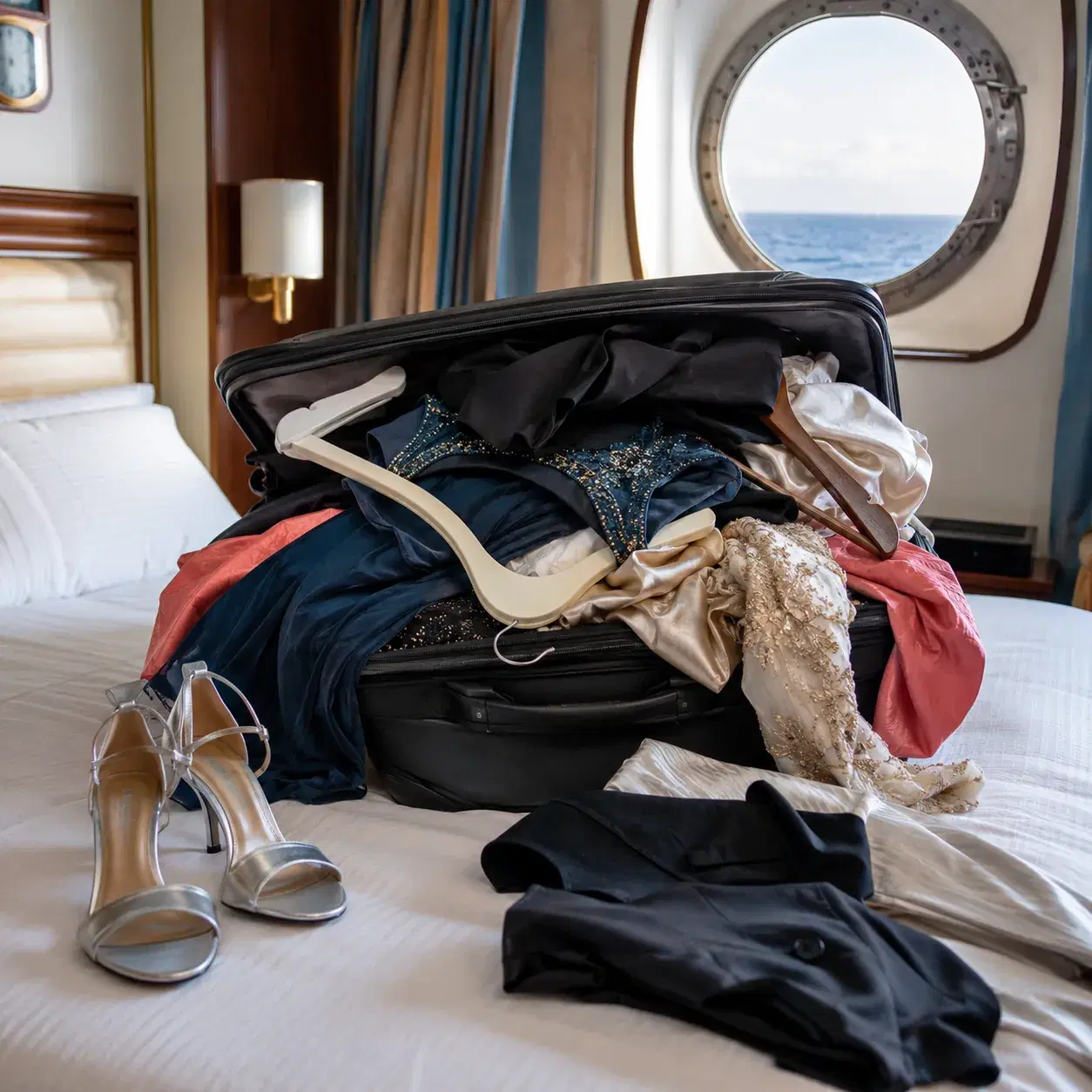Realistic editorial photo of cruise dinner clothes, comfortable shoes, packing cubes, and daily planner on a bed, soft c