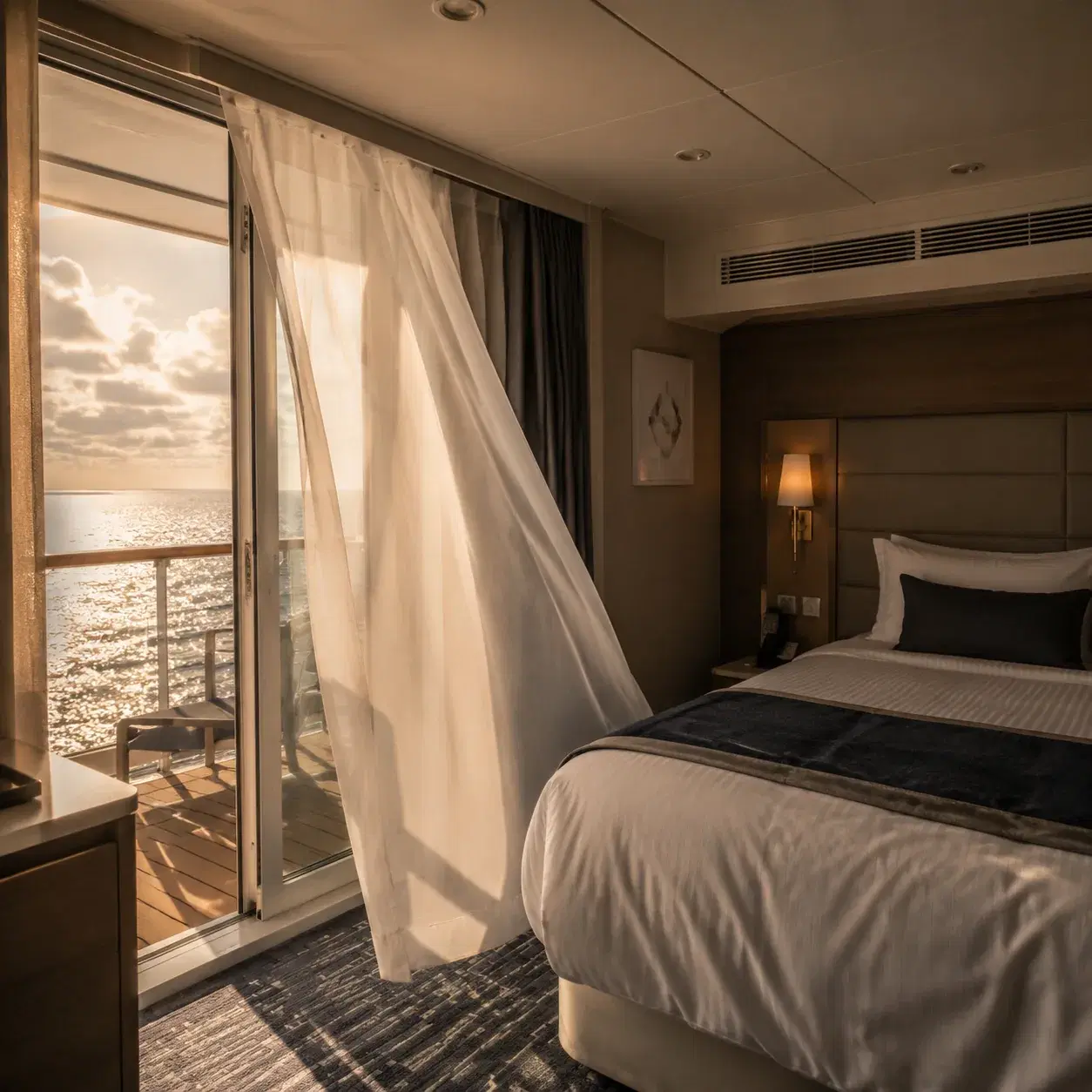 Realistic editorial photo of a passenger checking a phone beside a cruise ship balcony door, laptop closed on small cabi