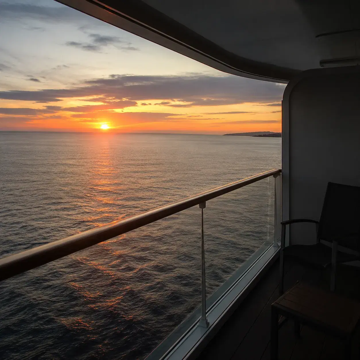 Realistic editorial photo of cruise balcony cabin with two chairs, small table, ocean view, and upgrade brochure on bed,