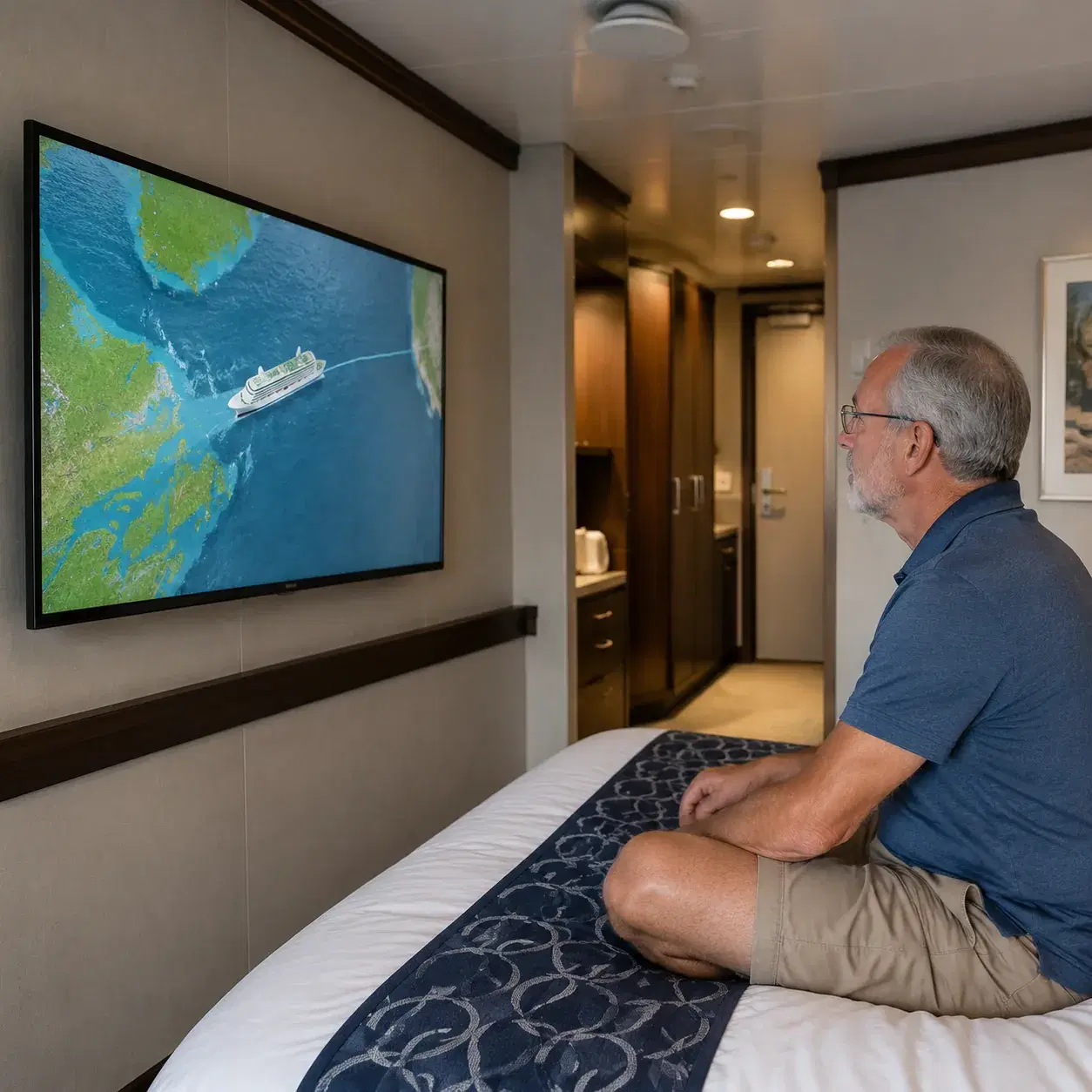 Realistic editorial photo of cruise cabin with small celebration decorations, wrapped gift, towel animal, and card on be