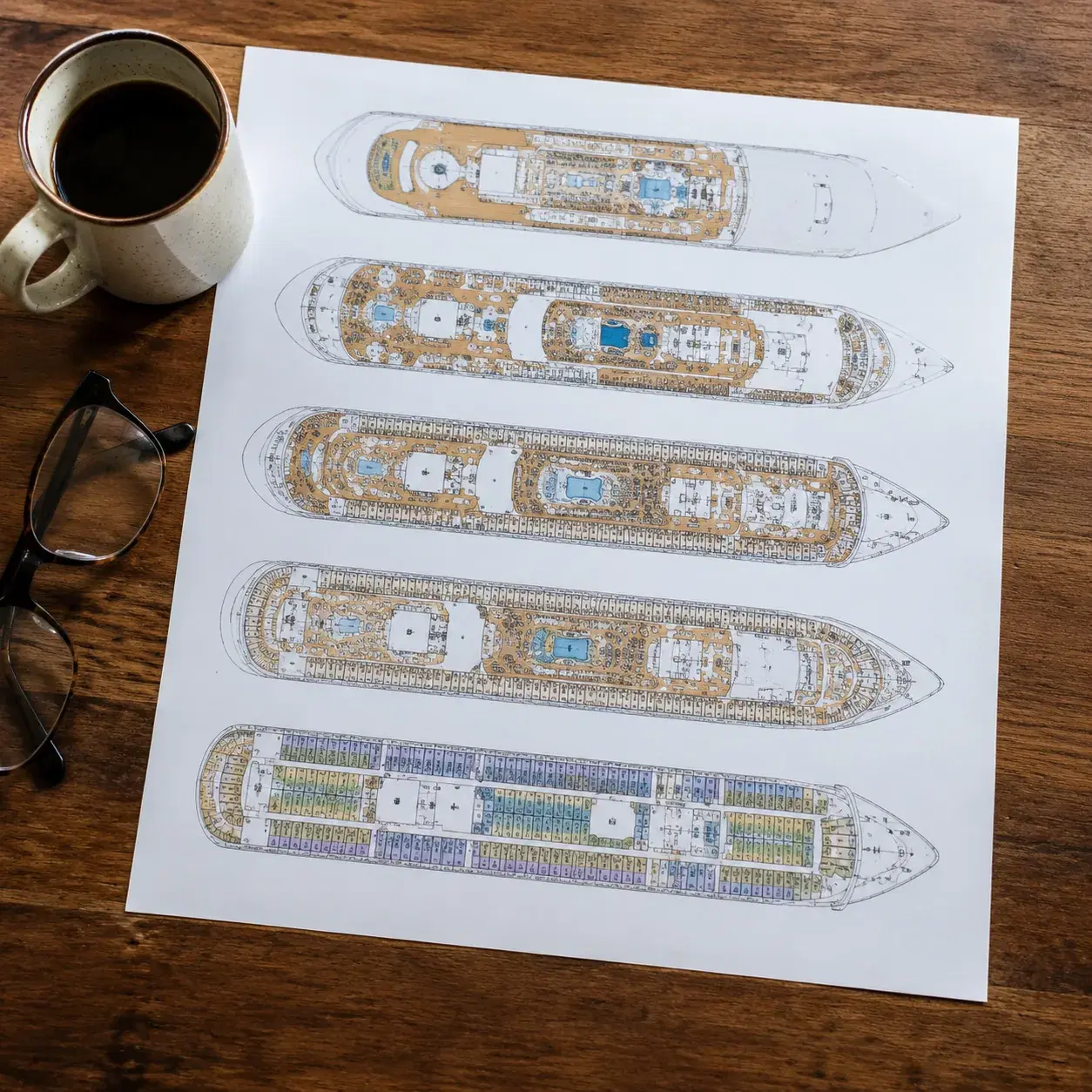 Realistic editorial photo of traveler logging into a cruise app on a smartphone beside coffee and printed boarding paper