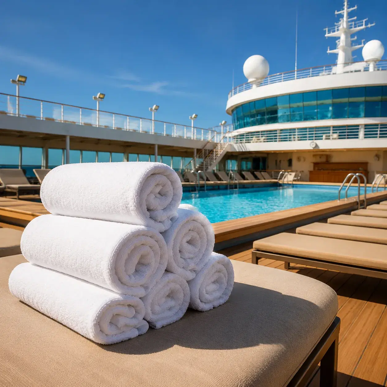 Realistic editorial photo of reserved cruise pool deck loungers with towels, shaded cabana edge, and busy pool behind, s