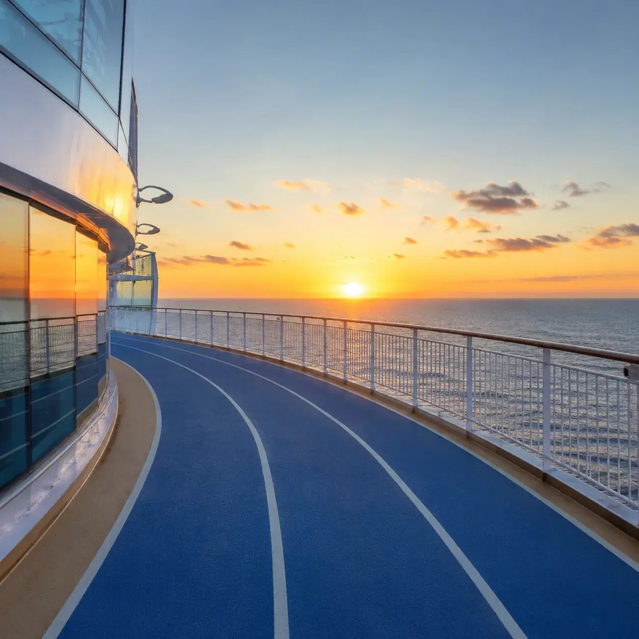 Realistic editorial photo of cruise promenade deck in early morning with walking shoes, railings, ocean horizon, and sof