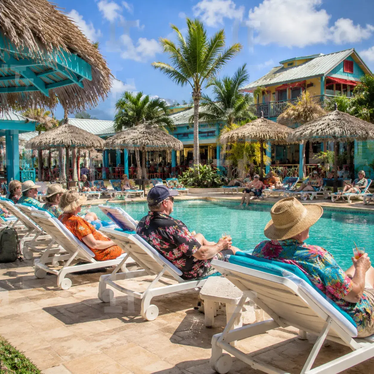 Realistic editorial photo of cruise passengers near a port restroom sign with day bags and water bottles, bright travel 