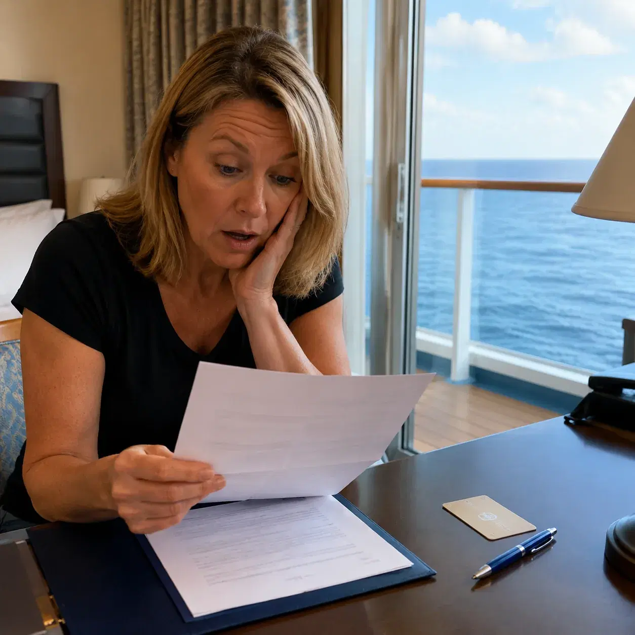 Realistic editorial photo of a labeled medication organizer, prescription bottles, and travel health pouch on a cruise c
