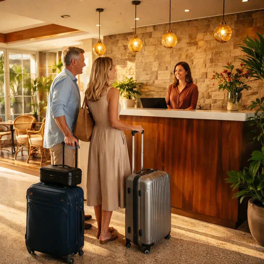Realistic editorial photo of laptop inbox with generic travel email preview, cruise documents, and coffee cup on hotel d