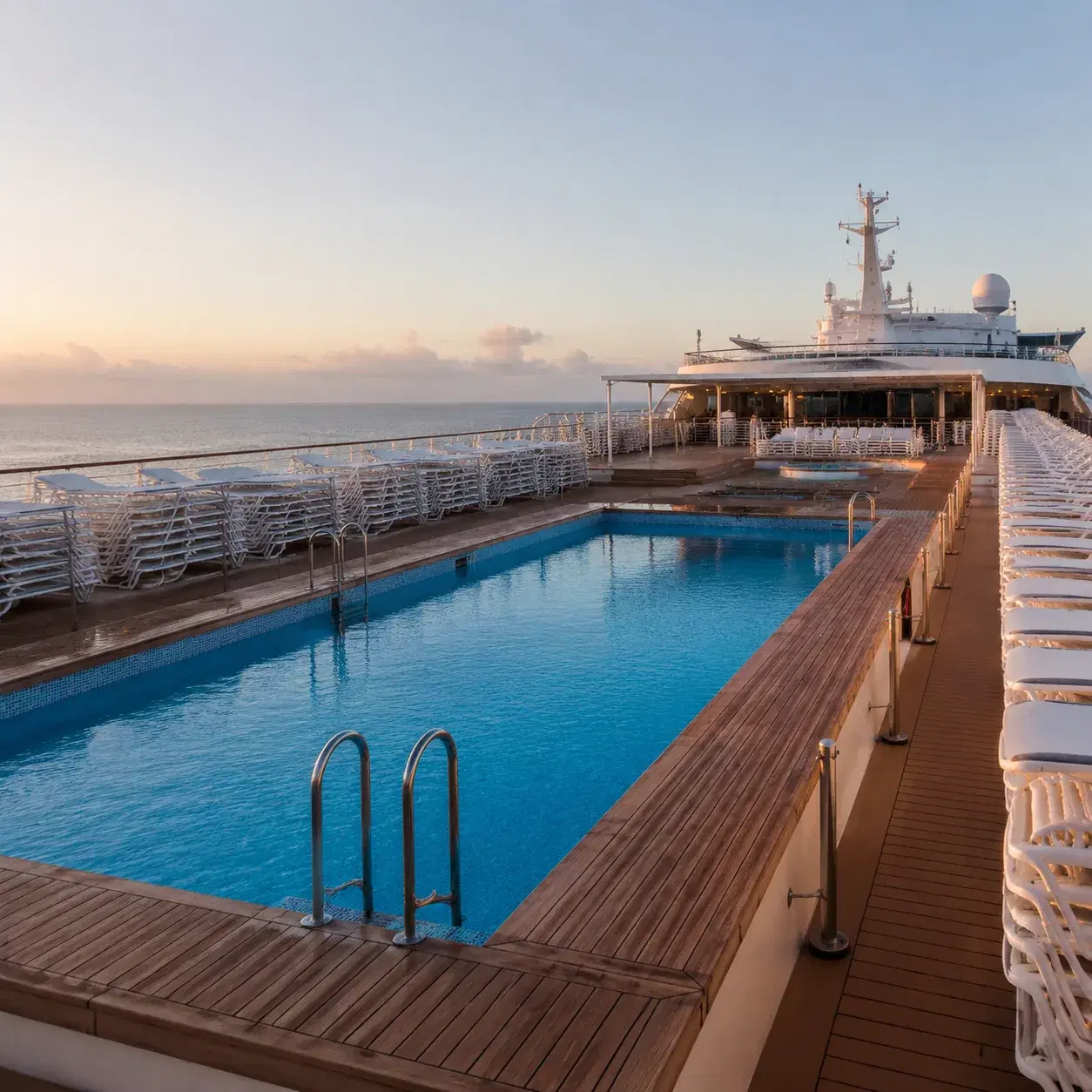 Realistic editorial photo of cruise pool deck movie screen at night with loungers, blankets, and soft deck lighting, oce
