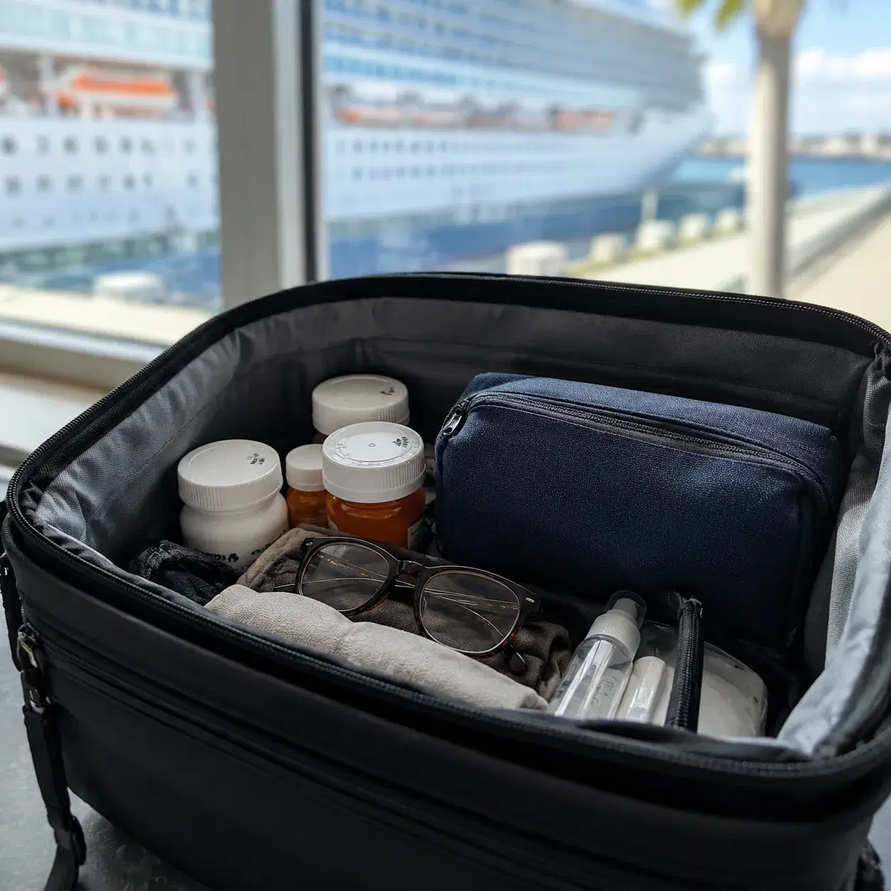 Realistic editorial photo of a small cruise carry-on bag open on a bed with swimsuit, medication pouch, phone charger, a