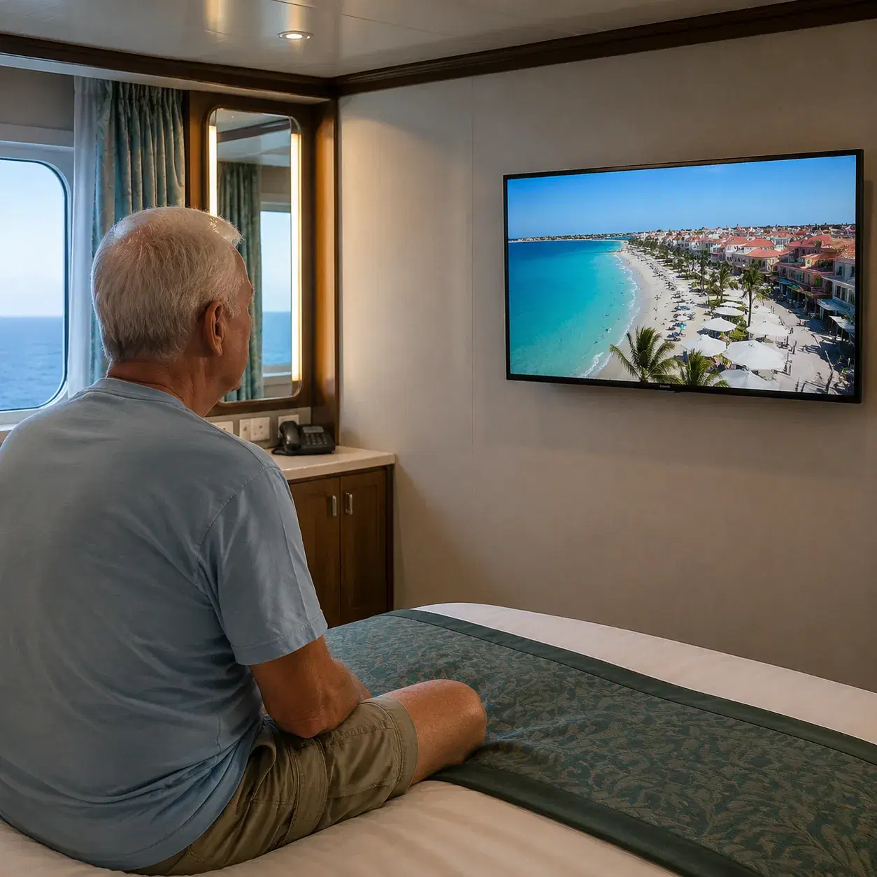 Realistic editorial photo of cruise passenger looking at an onboard app on a cabin bed with upgrade offers and excursion