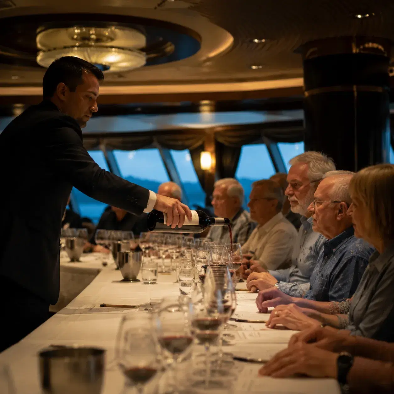 Realistic editorial photo of elegant cruise ship chef's table setting with tasting plates, folded napkin, and wine glass