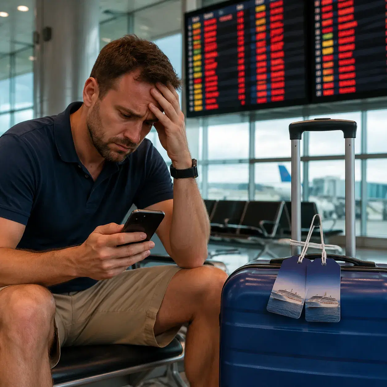 Realistic editorial photo of a traveler logging into a cruise app on a smartphone beside a boarding pass and coffee cup,