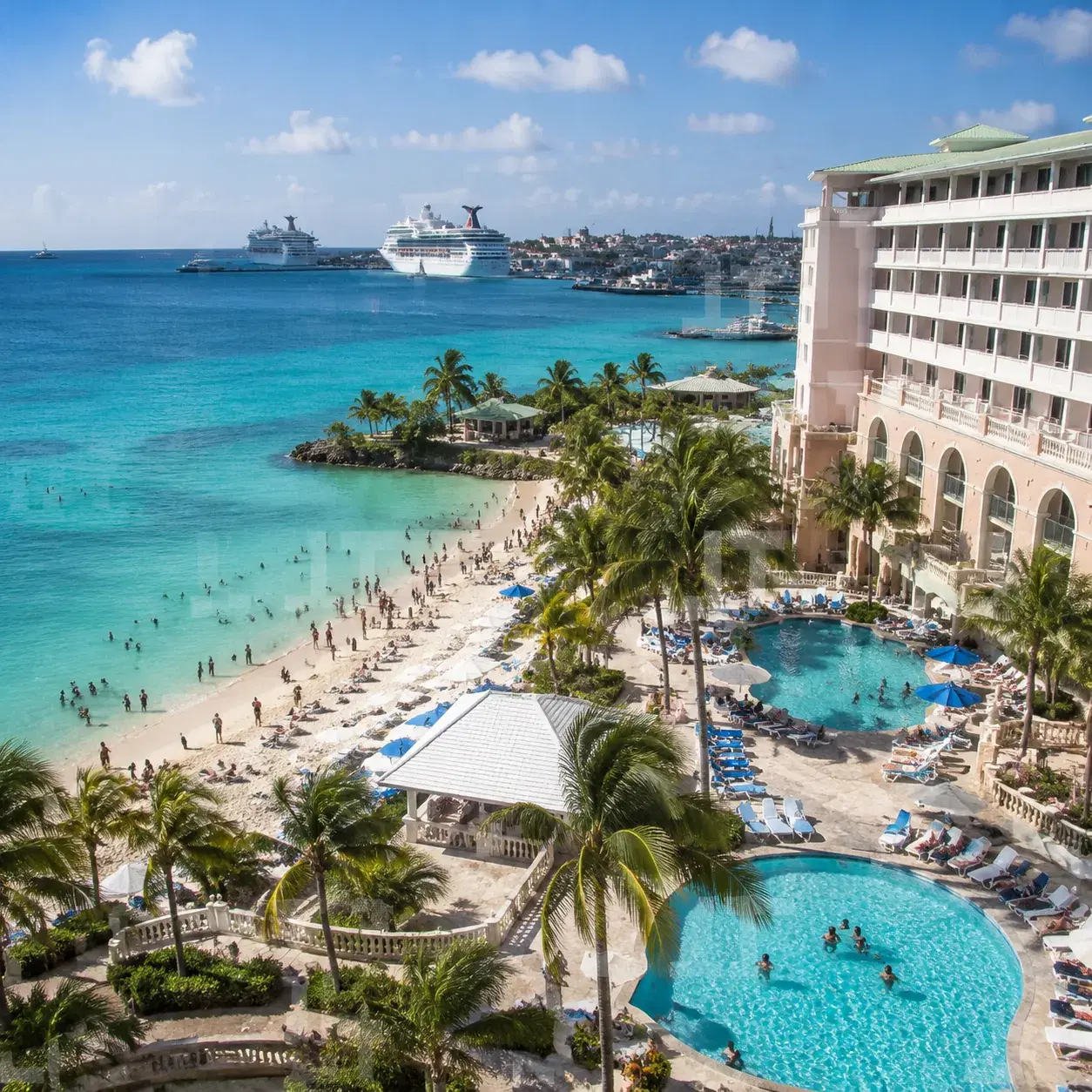 Realistic editorial photo of Caribbean beach entrance crowded with cruise passengers, taxis, towels, and tour signs, shi
