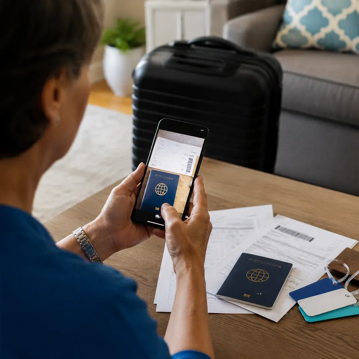 Realistic editorial photo of suitcase on portable luggage scale with packing cubes, cruise documents, and shoes nearby,