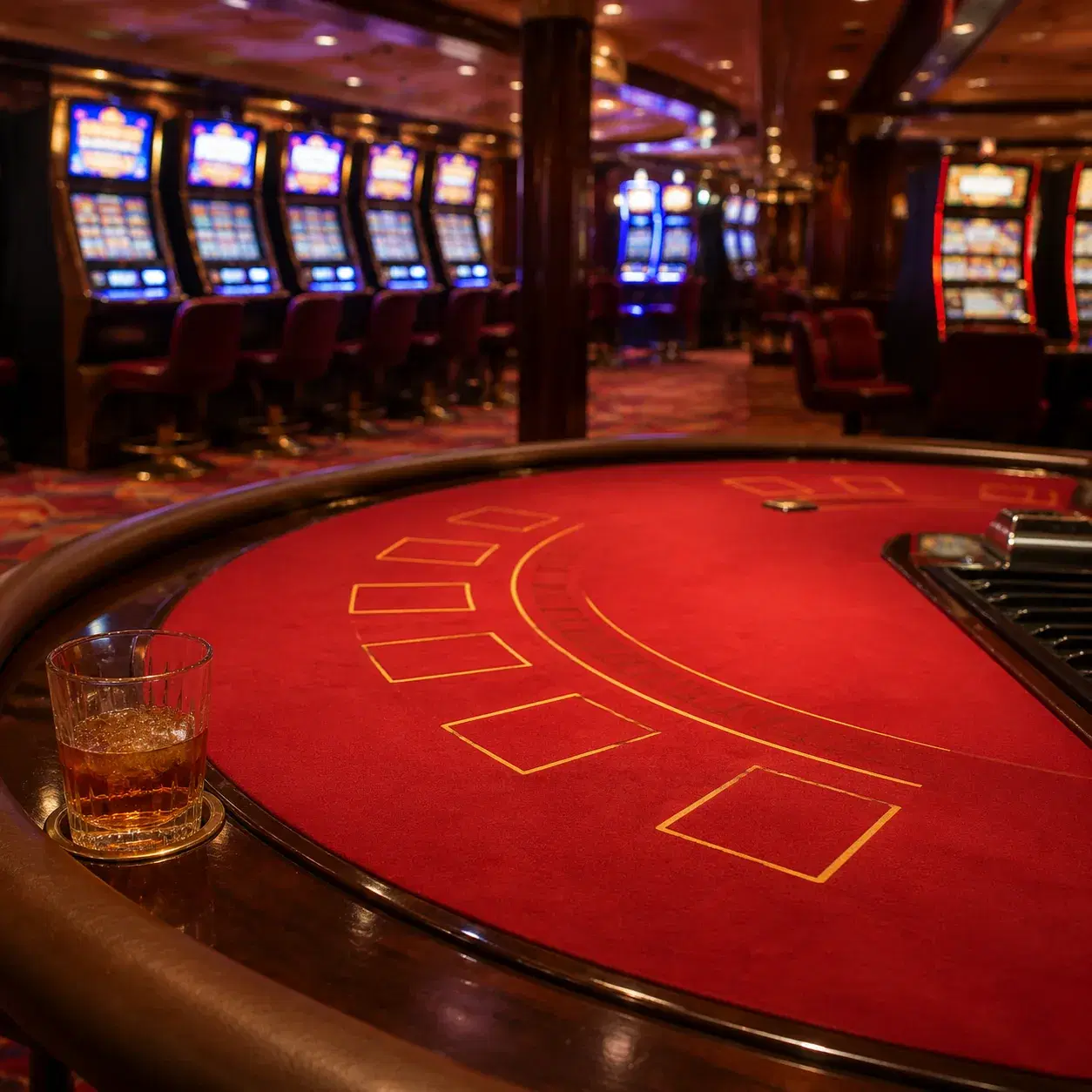 Realistic editorial photo of cruise ship art auction room with framed prints, champagne glass, and bid paddle on chair,