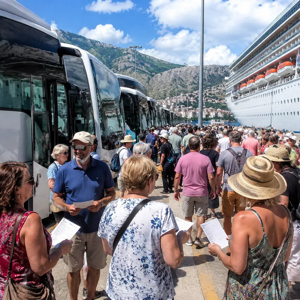 Realistic editorial photo of cruise lounge port talk with map on screen, passengers taking notes, and excursion brochure