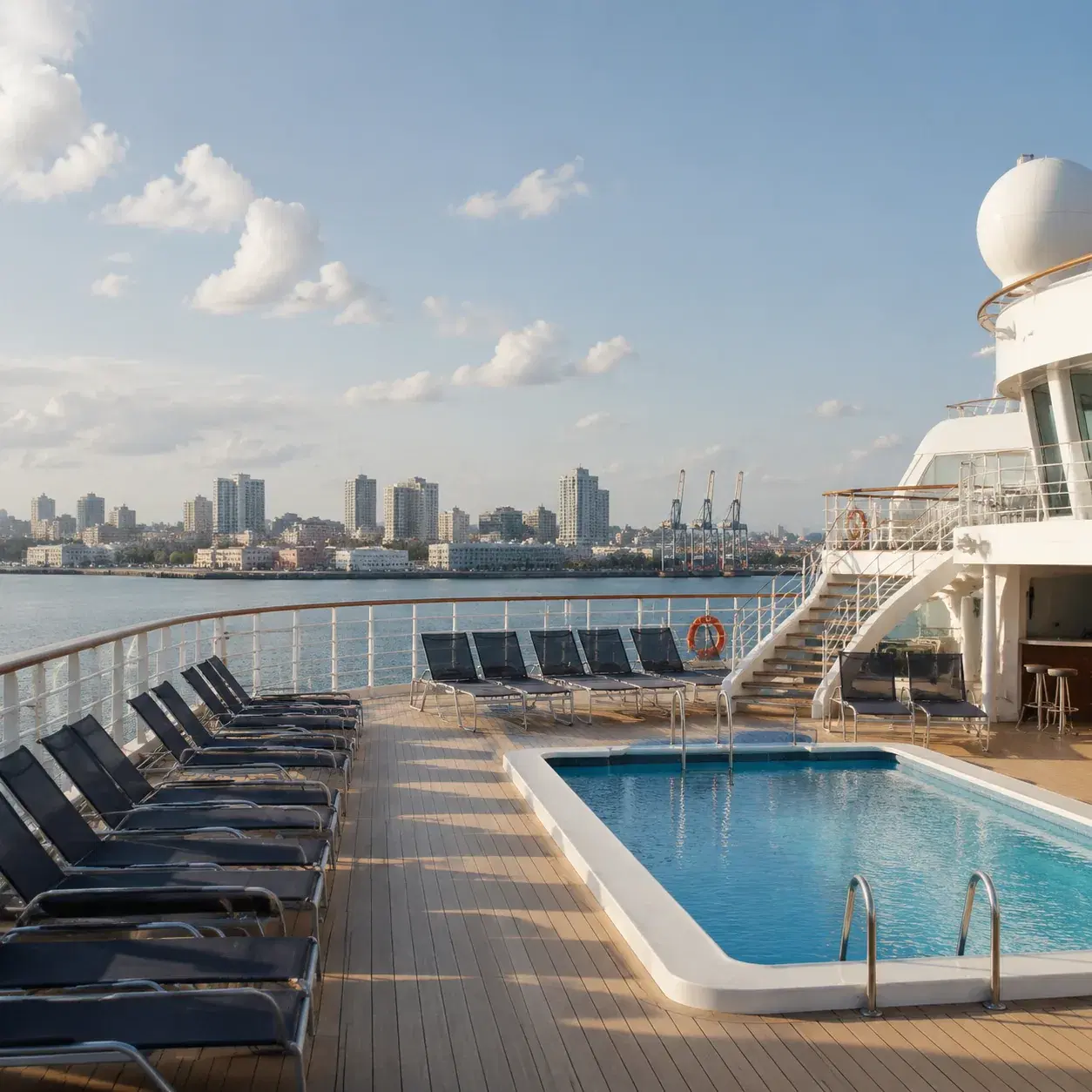 Realistic editorial photo of a quiet cruise ship spa thermal suite with loungers, towels, and ocean view through large w