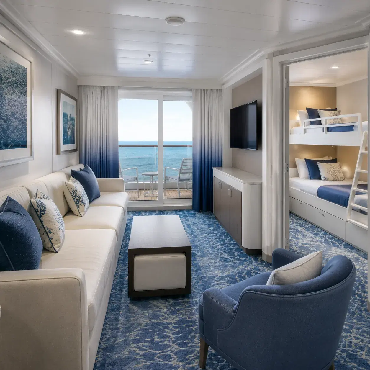 Realistic editorial photo of cruise family activity room with colorful tables, games, and parents checking schedule near