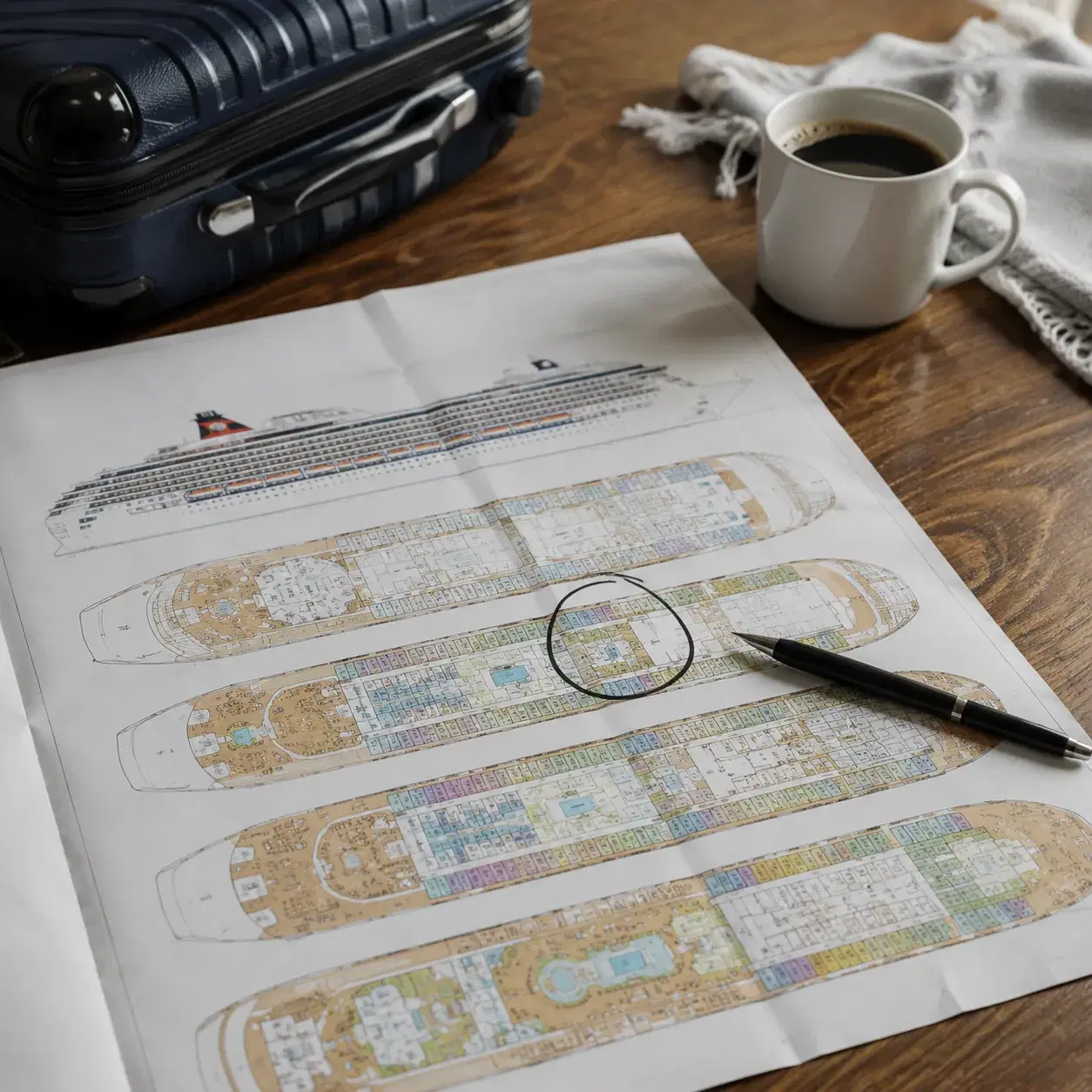 Realistic editorial photo of cruise invoice, calendar with final payment reminder, pen, and laptop on a kitchen table, w