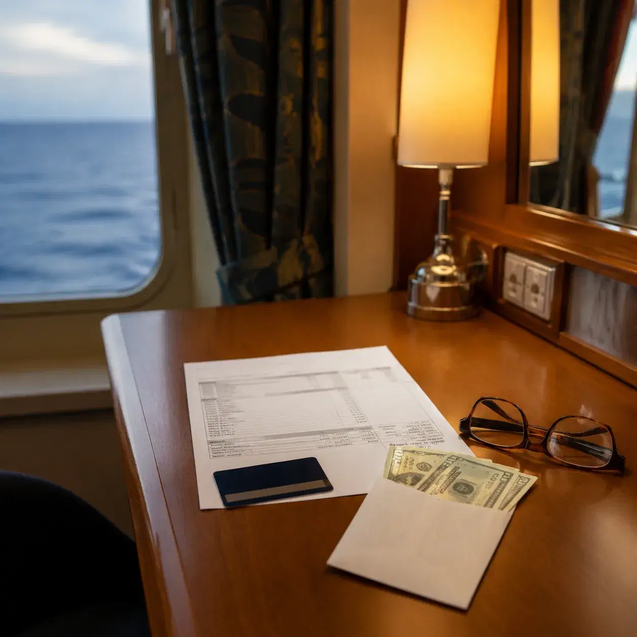 Realistic editorial photo of a cruise cabin desk with wallet, credit card, ship keycard, and small stack of receipts, so