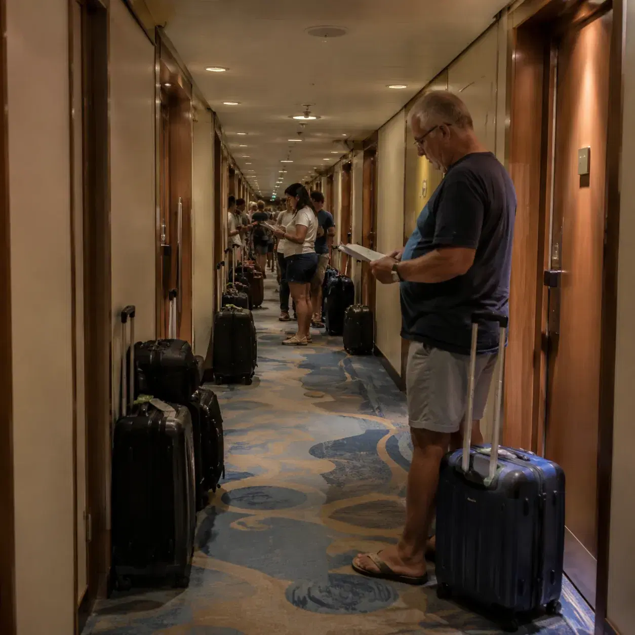 Realistic editorial photo of a long cruise ship cabin hallway with room doors, rolling suitcase, and soft patterned carp