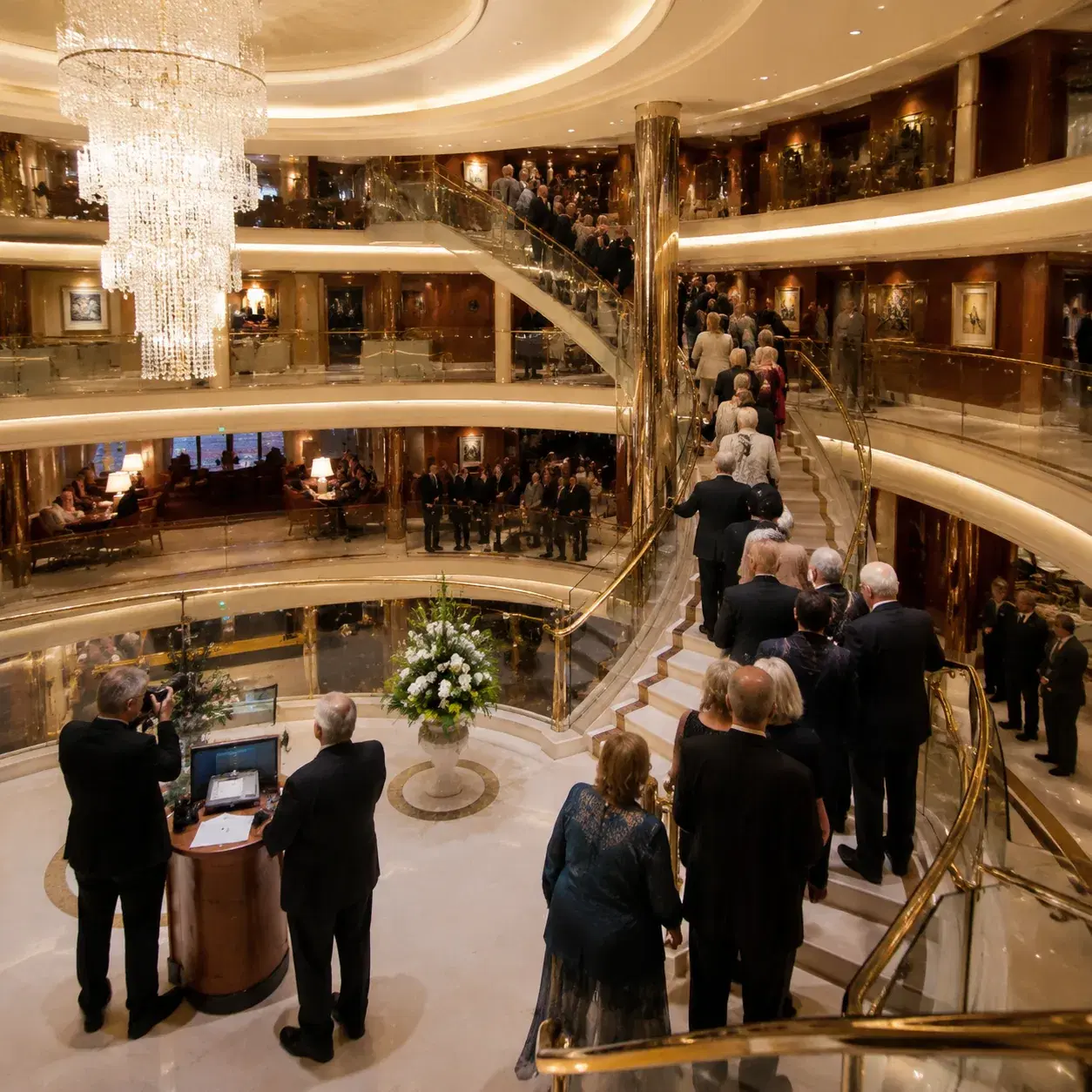 Realistic editorial photo of cruise ship lecture in a lounge with map slide, captain-style speaker at podium, passengers