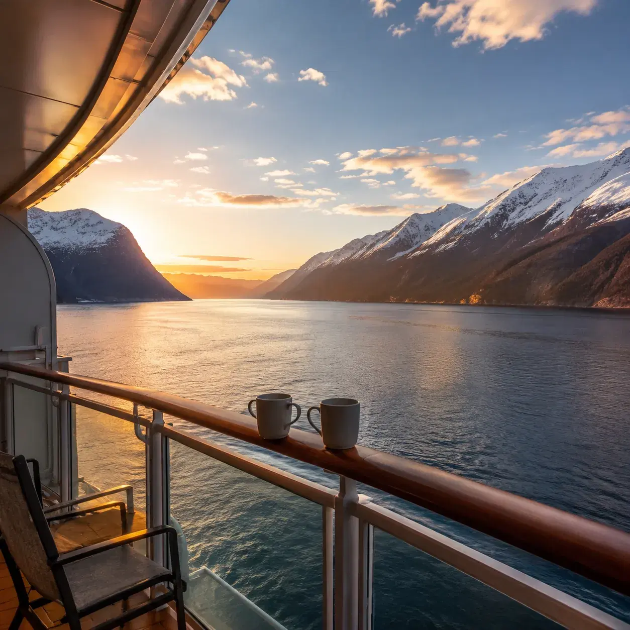 Realistic editorial photo of quiet cruise ship deck railing during sail-away with coffee cups, folded map, and harbor in