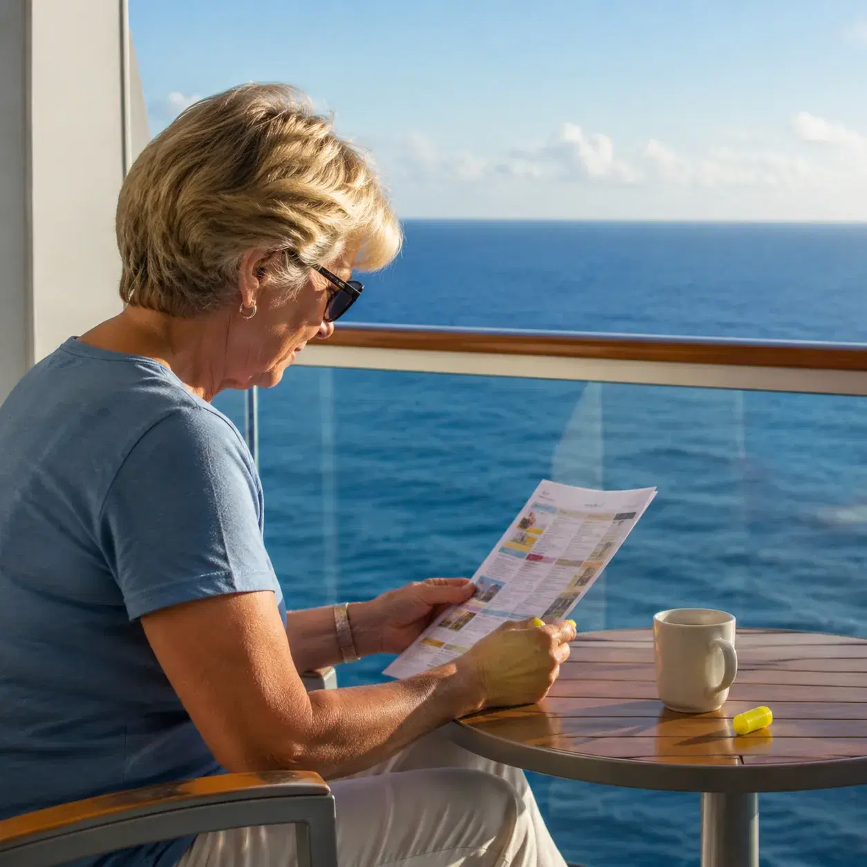 Realistic editorial photo of a cruise dining room table being set with menus and ocean windows in the background, warm e