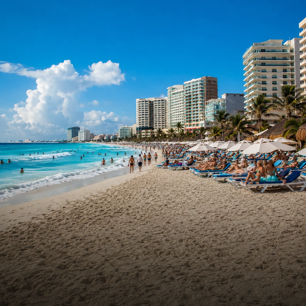 busy Cancun Hotel Zone beach with resort towers