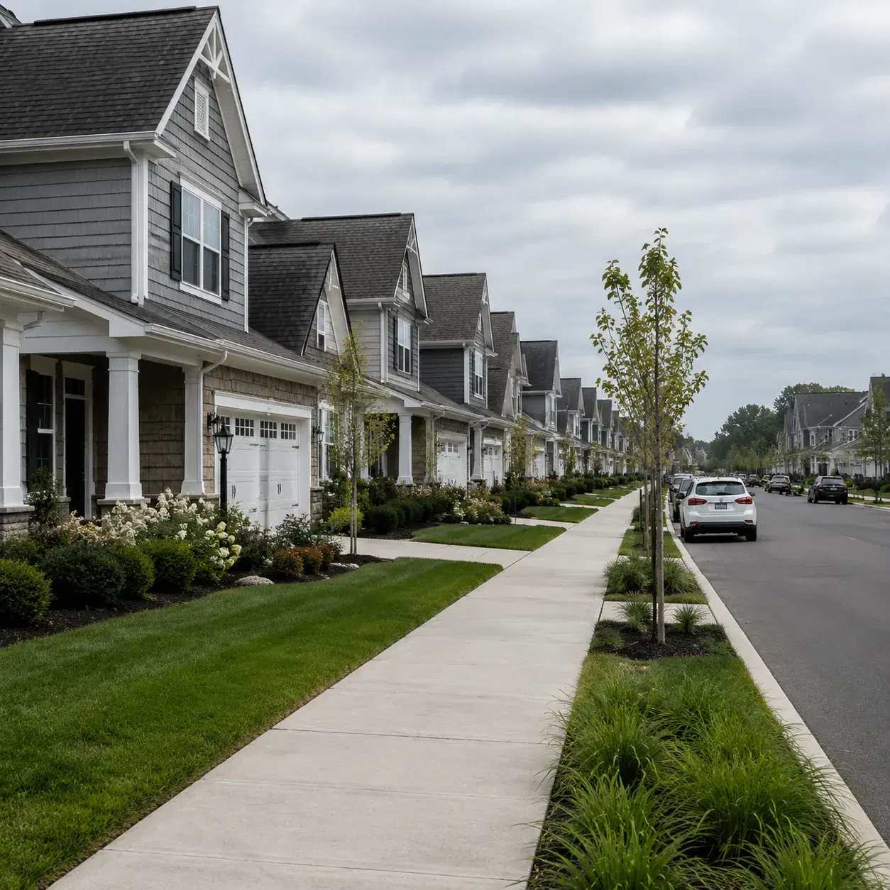 Realistic editorial photo of a high-end Long Island 55 plus community with modern townhomes, manicured sidewalks, parked