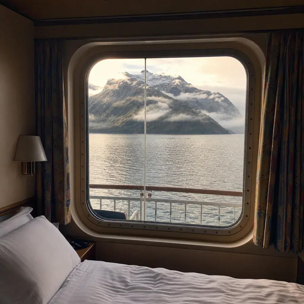Realistic editorial photo of Alaska cruise scene showing cheapest inside cabin for scenery, misty mountains and ship det