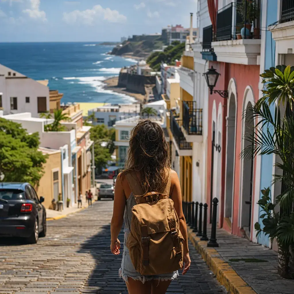 Realistic editorial photo of Puerto Rico travel scene showing no passport means no planning, colorful streets and coastl