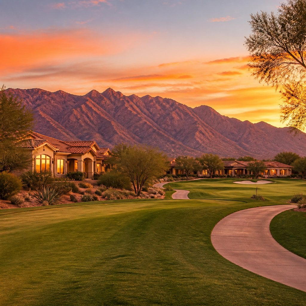 Fresh square editorial real estate photo of an upscale Arizona retirement golf community at sunset with stucco homes, manicur