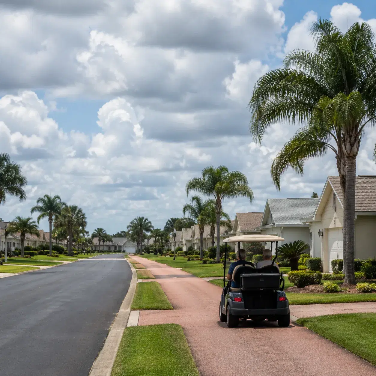 Realistic editorial photo of a large Ocala retirement community street with golf cart lanes, palm trees, ranch homes, an