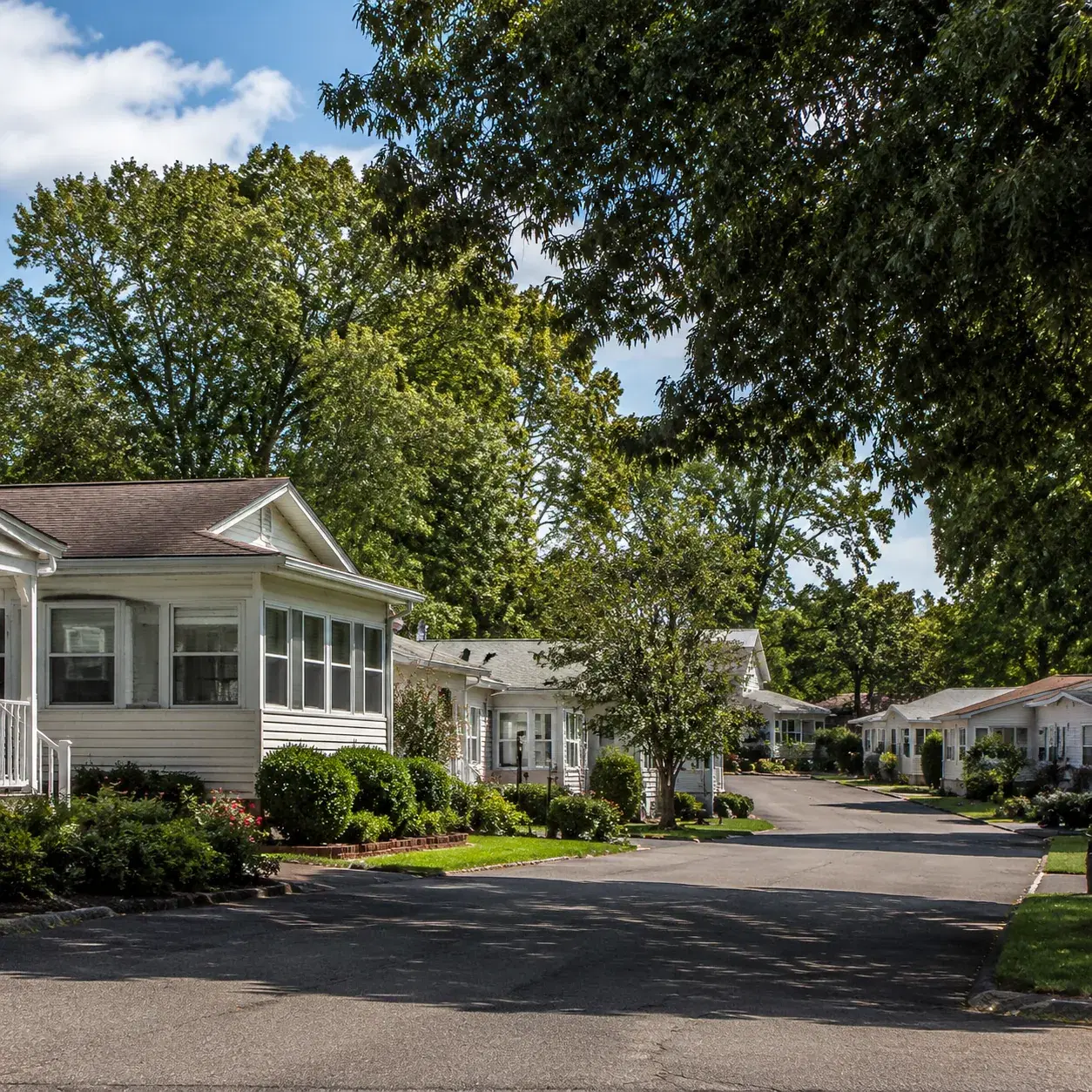 Realistic editorial photo of an older Ocean County retirement village with low homes, narrow internal roads, mature tree