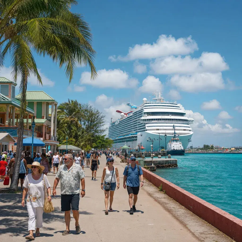 Realistic editorial photo of Freeport, Bahamas cruise port waterfront with visitors, local streets, and ship-day energy,
