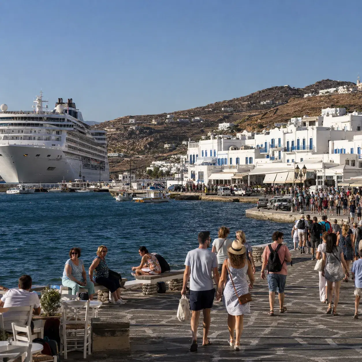 Realistic editorial photo of Mykonos, Greece cruise port waterfront with visitors, local streets, and ship-day energy, w