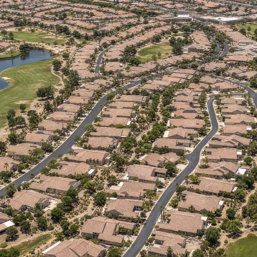 Fresh square aerial editorial photo of a sprawling Southern California retirement community with dense beige rooftops, narrow