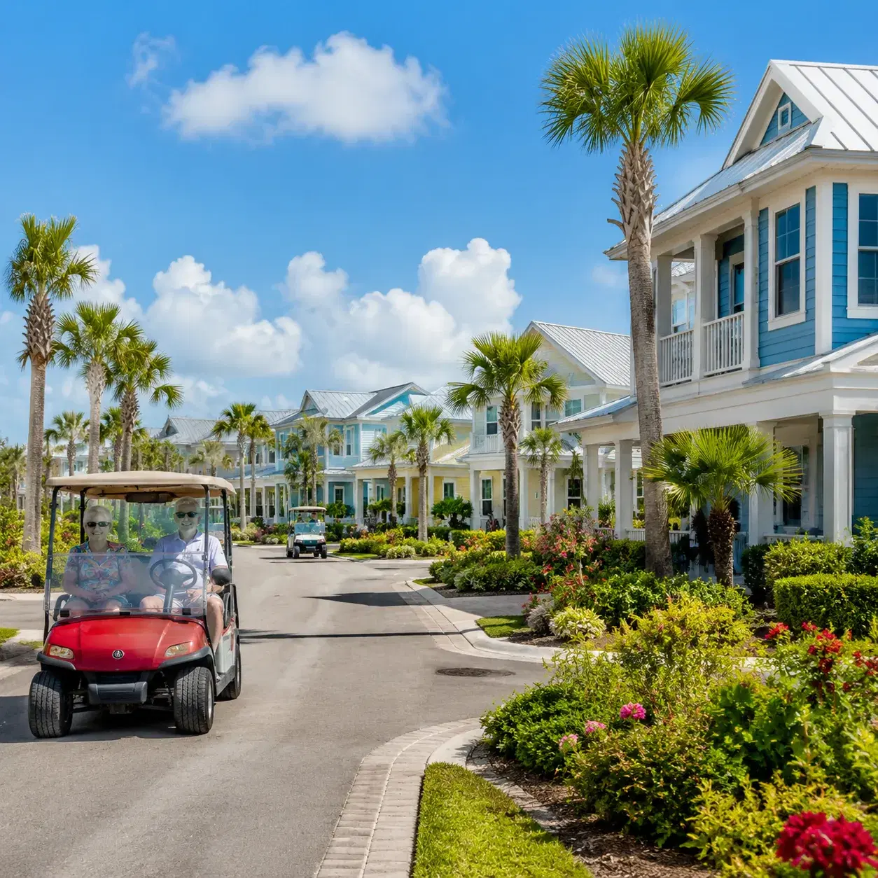 Realistic editorial photo of a cheerful coastal Florida retirement community with bright homes, palm landscaping, golf c