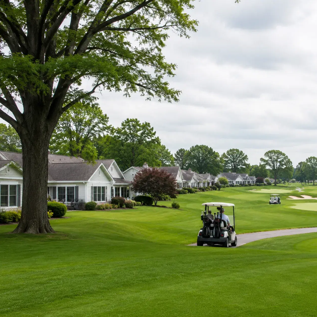 Realistic editorial photo of a Long Island golf community for older adults with fairway homes, mature trees, carts, and