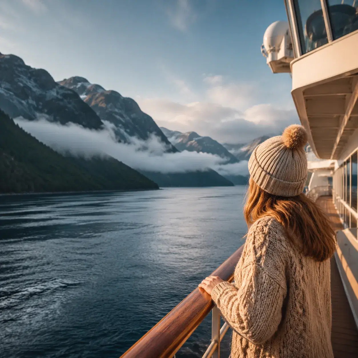 Realistic editorial photo of Alaska cruise scene showing too early for the trip you imagined, misty mountains and ship d