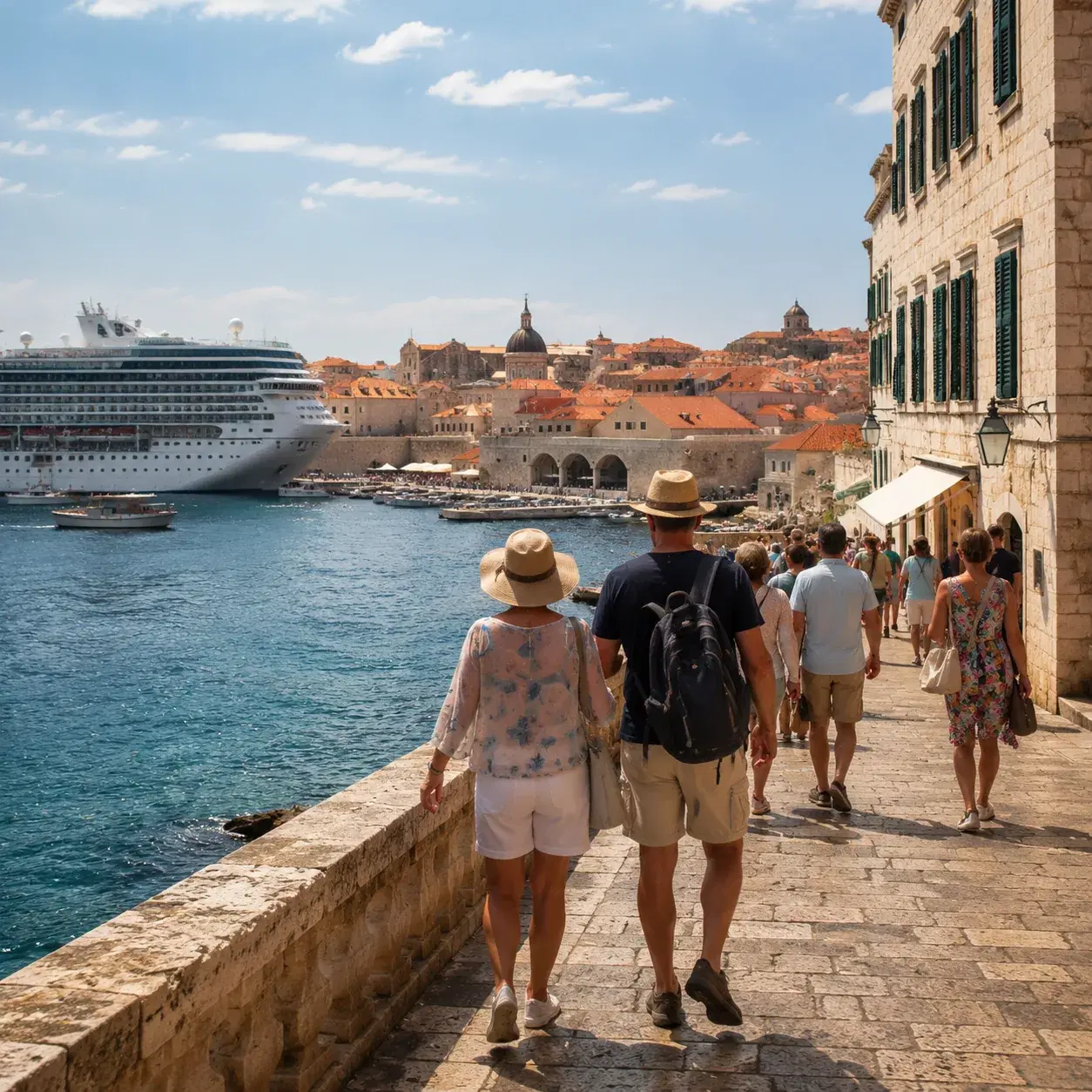 Realistic editorial photo of Dubrovnik, Croatia cruise port waterfront with visitors, local streets, and ship-day energy